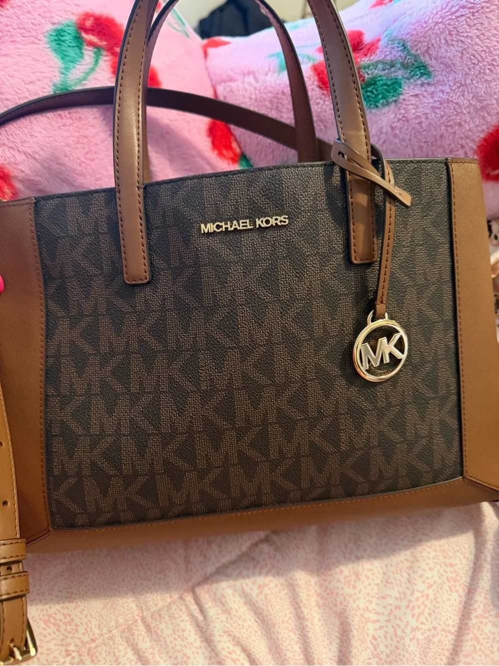 Michael Kors Brown MK Logo Satchel with Gold Charm